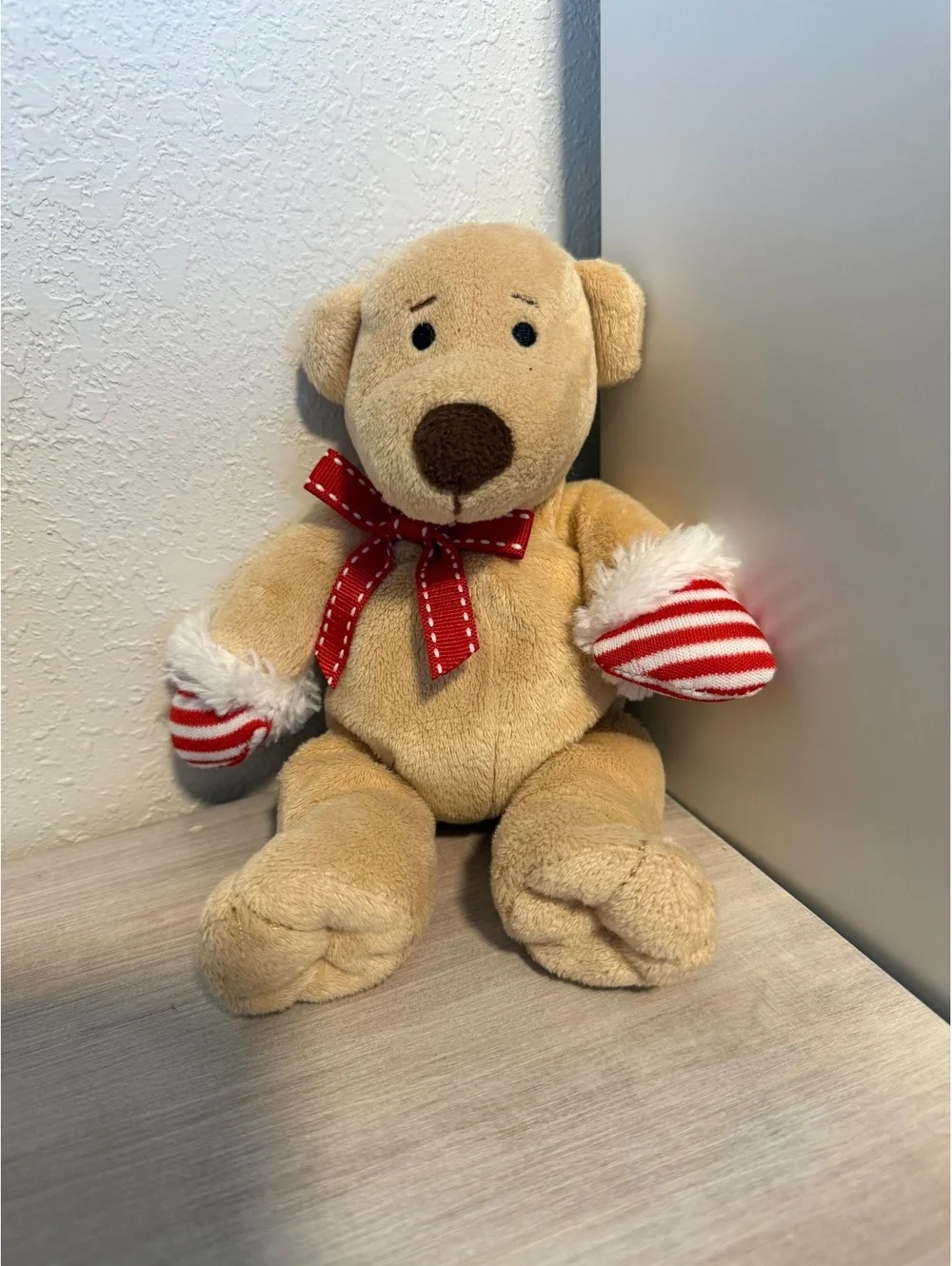 Cute Beige Plush Teddy Bear with Red Bow and Striped Mittens